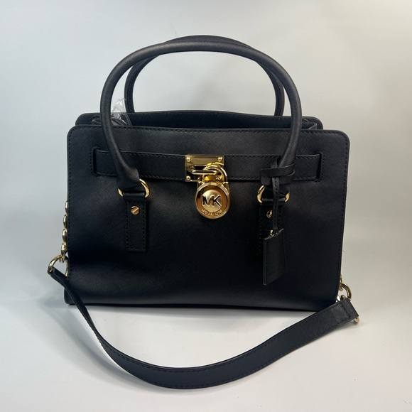 Michael Kors Hamptons Saffiano Leather Black Satchel Gold - Picture 1 of 13
